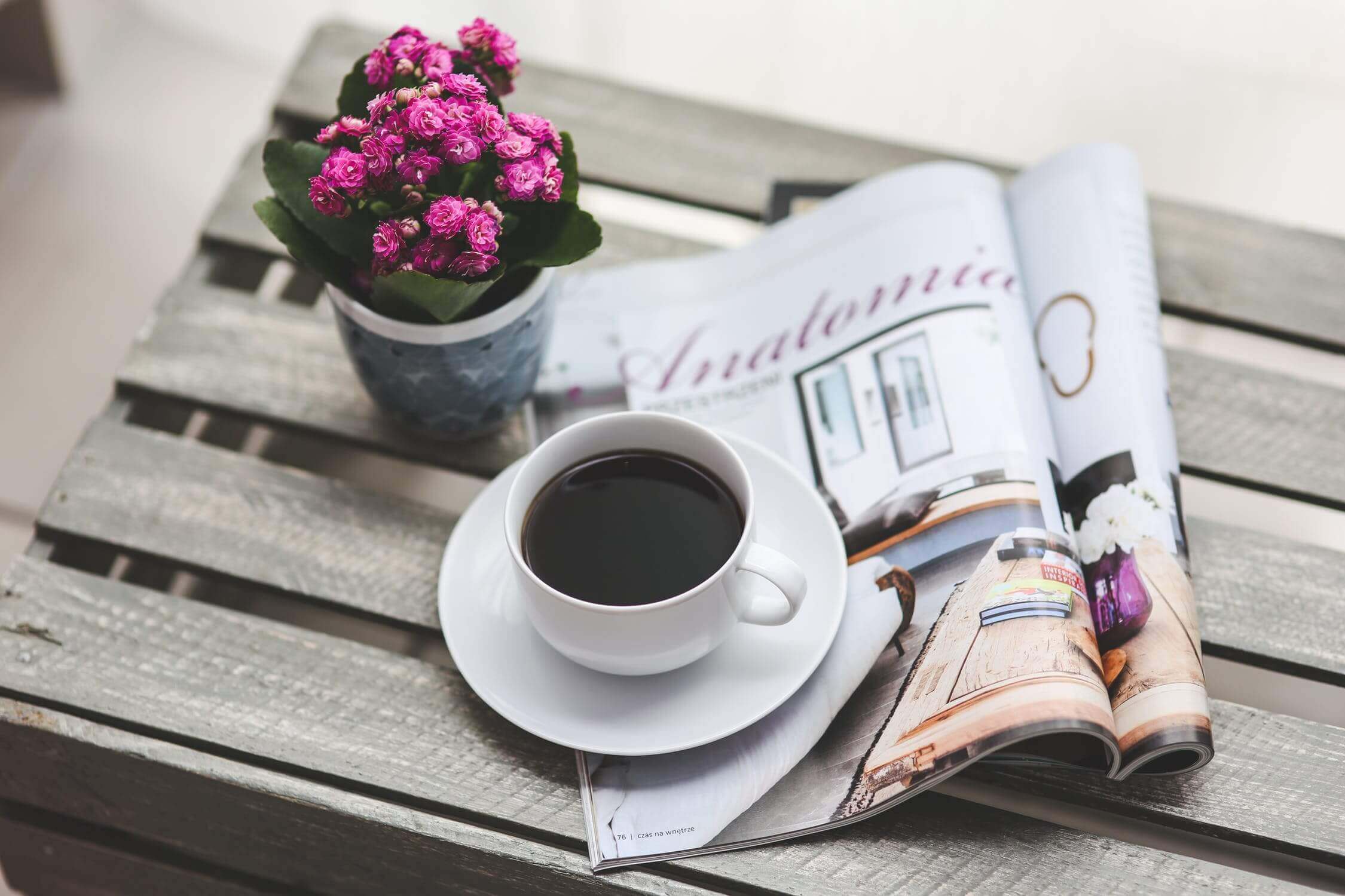 coffee and magazine outside