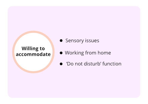 A pale pink slide with suggestions on how accommodations to make for neurodivergent staff.