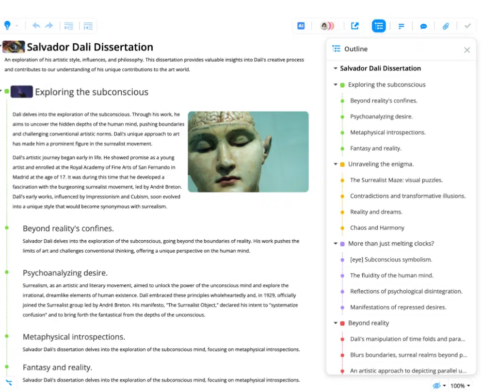 Ayoa's outline document view